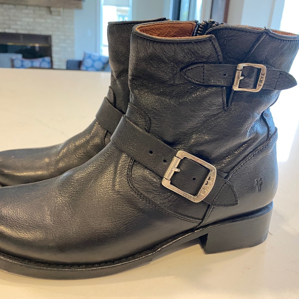 Frye Black Ankle Boots with Distressed Leather and Buckles